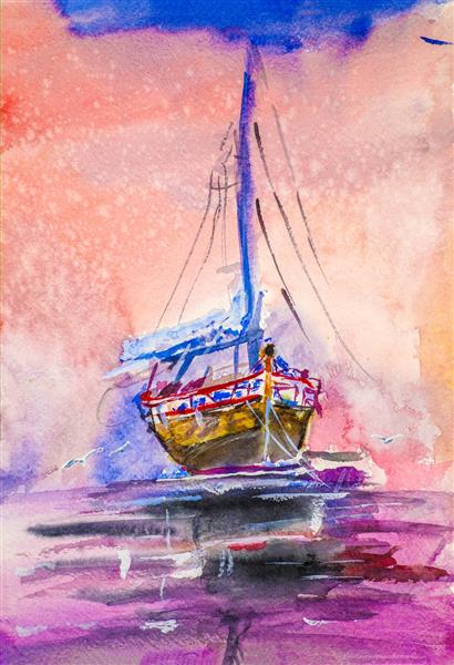 نقاشی قایق بنفش در آب