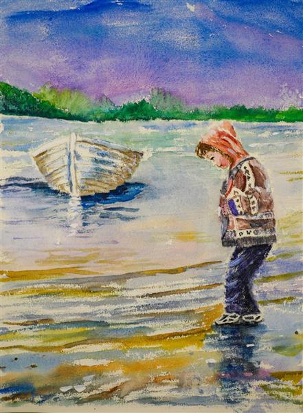 نقاشی آبرنگ کودک و دریا