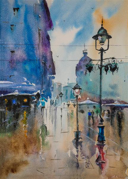 نقاشی آبرنگ باران در شهر