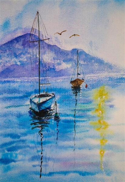 منظره دو قایق در دریا نقاشی آبرنگ