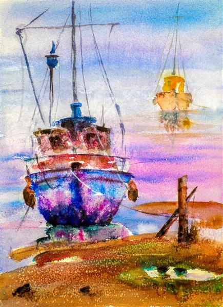 غروب دریا نقاشی آبرنگ و قایق رنگی