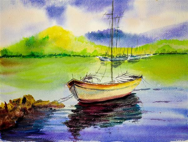 قایق و لنگرگاه نقاشی قایق سفید آبرنگ