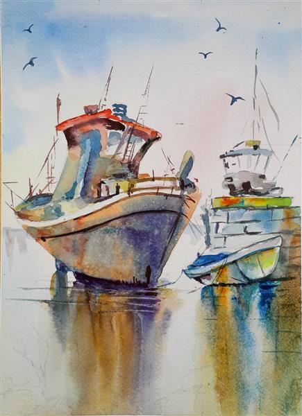 انعکاس قایق ها در آب نقاشی آبرنگ