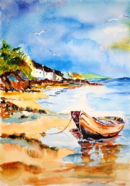 لنگرگاه قایق ها نقاشی آبرنگ قایق خالی در ساحل