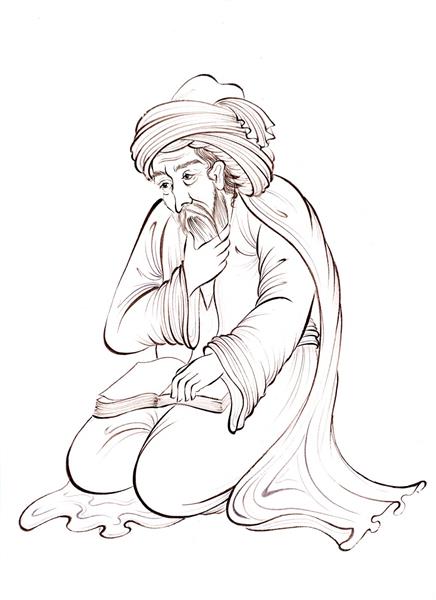نقاشی مینیاتور پیرمرد نشسته ایرانی