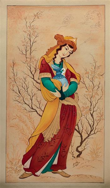 نقاشی مینیاتور دختر ایرانی در لباس قرمز