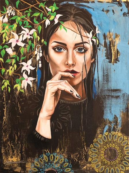 نقاشی دختر ایرانی در کنار شکوفه های صورتی