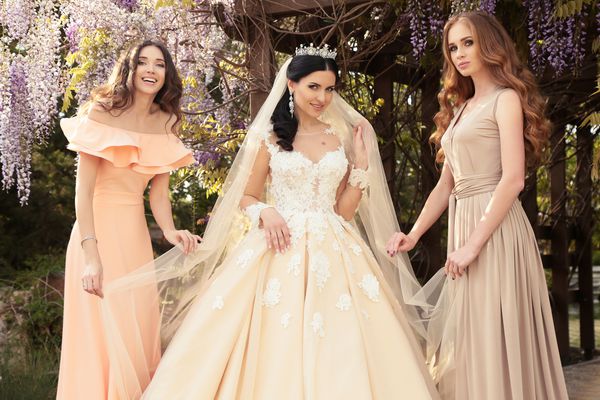 عکس در فضای باز عروس زرق و برق دار در لباس عروسی مجلل با عروس های زیبا در لباس های زیبا