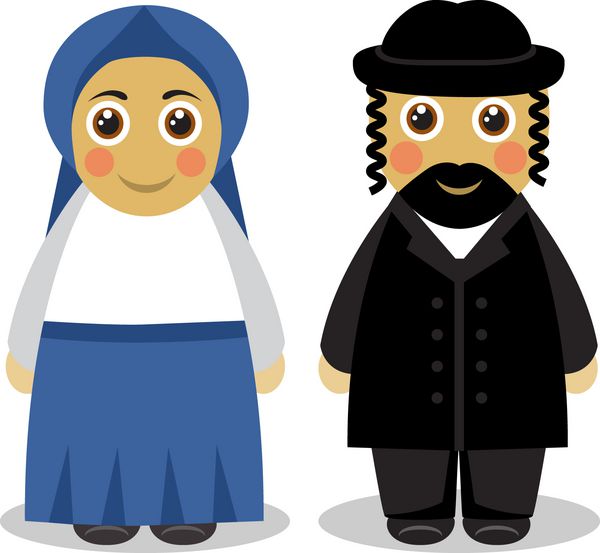زن و شوهر ناز کارتونی یهودیان با لباس سنتی و با زمینه سفید