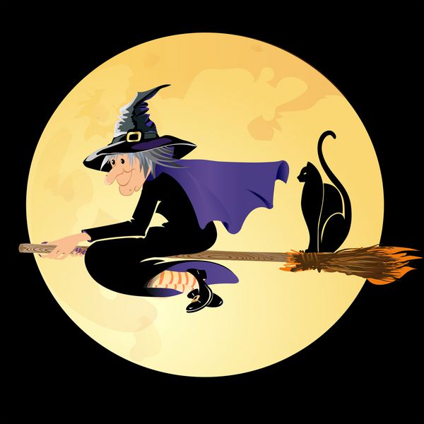 جادوگر هالووین که با یک گربه سیاه و سفید در پس زمینه ماه کامل پرواز می کند