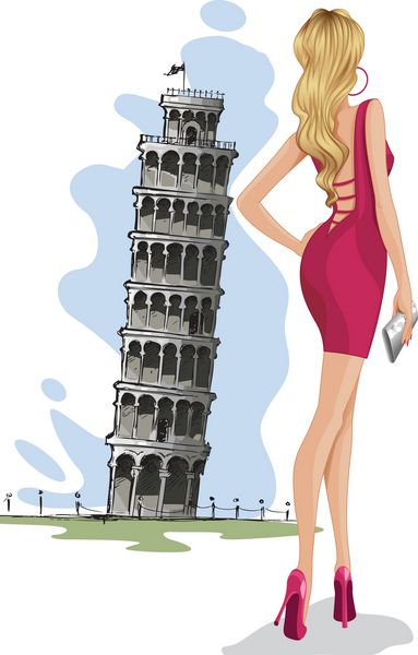 تصویر برداری زن روبروی برج Leaning of Pisa