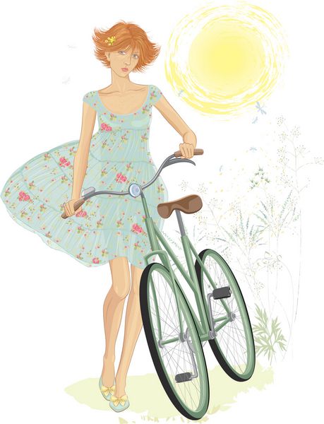 دختر نوجوان ناز قرمز که با دوچرخه قدم می زند