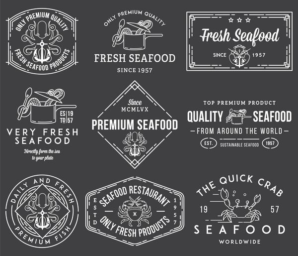 برچسب ها و نشان های غذاهای دریایی جلد 1 سفید روی سیاه