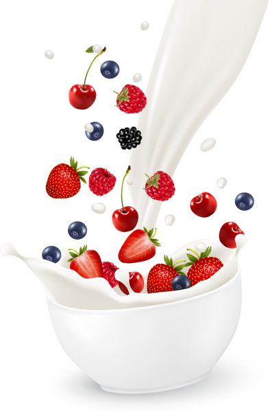 کاسه انواع توت های سالم و چاشنی شیر تصویر برداری