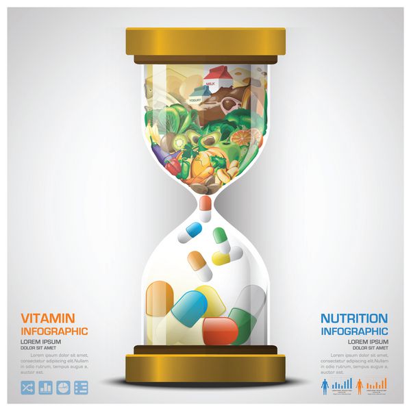 ویتامین و مواد غذایی تغذیه ای با اینفوگرافیک شیشه ای