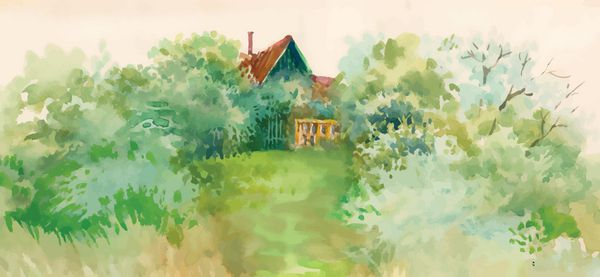 خانه روستایی آبرنگ در چشم انداز سبز