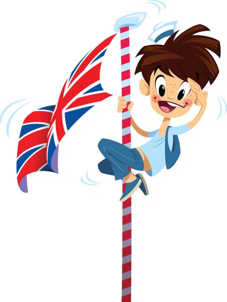 کارتون پسر خندان خوشحالی را که از قطب پرچم انگلیسی بالا می رود هیجان زده کرد