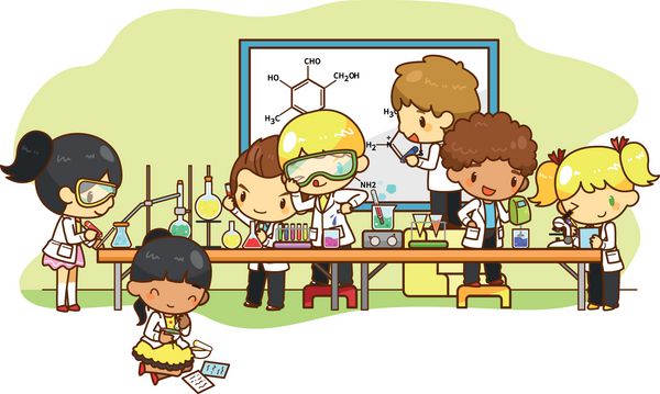 کودکان در حال آزمایش و کار در آزمایشگاه هستند ایجاد شده توسط v