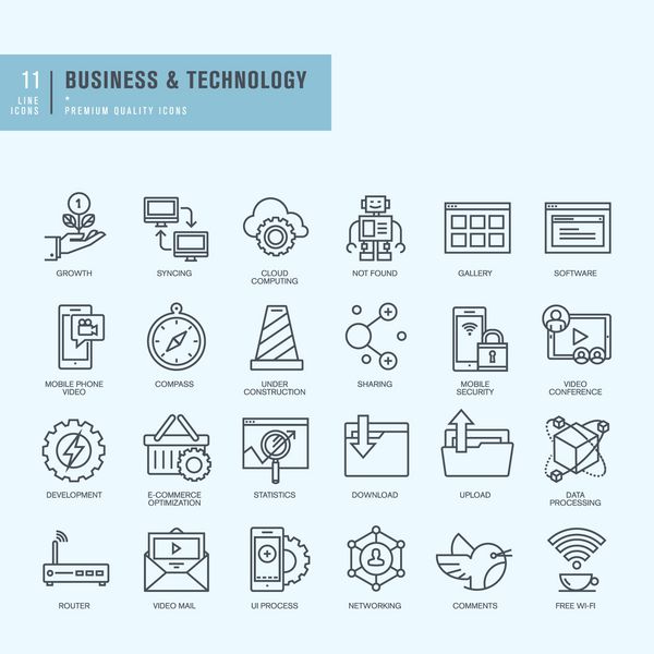 آیکون های خط باریک تنظیم شده است نمادهای تجارت فناوری