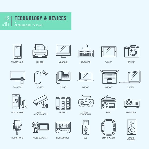 آیکون های خط باریک تنظیم شده است نمادهای فناوری دستگاه های الکترونیکی