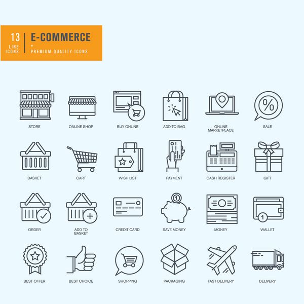 آیکون های خط باریک تنظیم شده است نمادهای تجارت الکترونیکی خرید آنلاین
