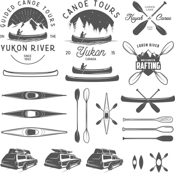 مجموعه نمادهای کایاک و قایق رانی نشان ها و عناصر طراحی