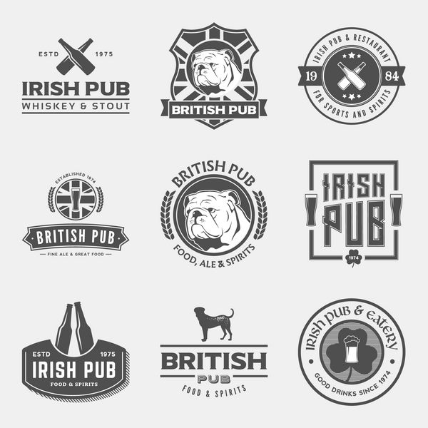 مجموعه بردار از برچسب های میخانه و ایرلند و بریتانیا نشان ها و طراحی البر