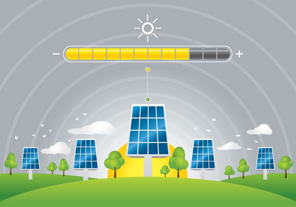 تصویر شارژ انرژی در پانل های خورشیدی در زمینه سبز