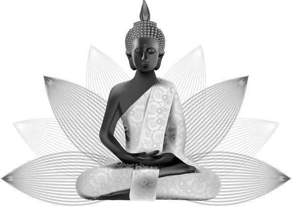 مراقبه وضع بودا به رنگ های نقره ای و سیاه در نیلوفر آبی