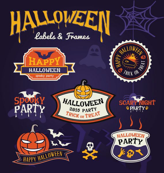 مجموعه ای از برچسب های مهمانی هالووین و طراحی فریم تصویر برداری
