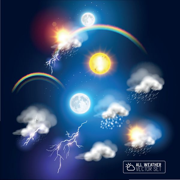 نمادهای مدرن آب و هوا از جمله رنگین کمان ابرهای طوفان خورشید و ماه تصویر برداری