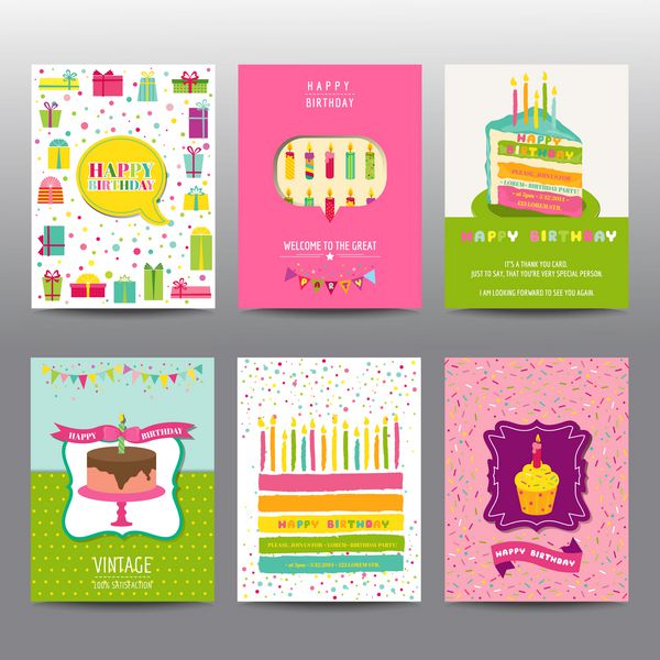 مجموعه ای از بروشورها و کارت های تولد طرح بندی های رنگارنگ