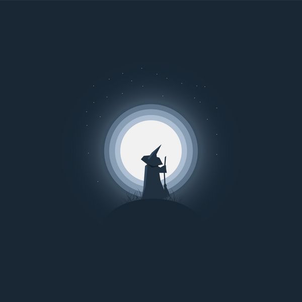 جادوگر هالووین که در مقابل ماه کامل ایستاده است کارت تعطیلات