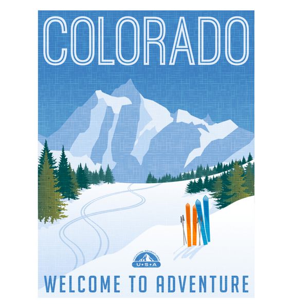 پوستر یا برچسب سفر به سبک یکپارچهسازی با سیستمعامل ایالات متحده کوههای اسکی کلرادو