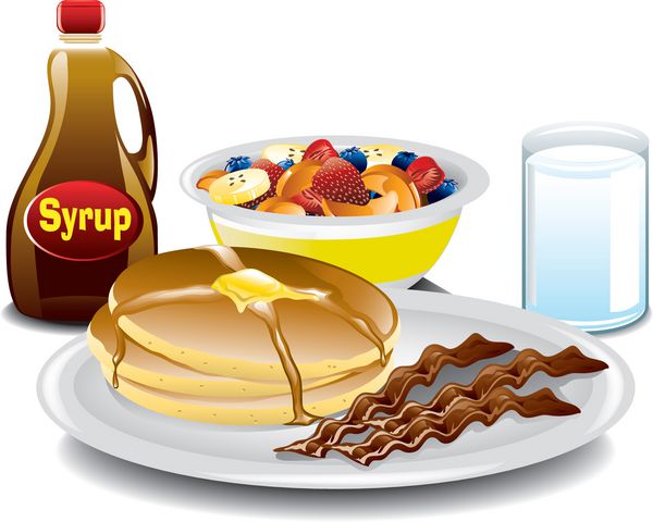 تصویر یک صبحانه کامل با پنکیک بیکن یک کاسه میوه یک بطری شربت و یک لیوان شیر