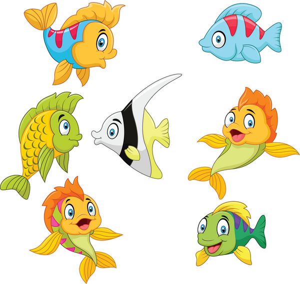 مجموعه کارتون ماهی جدا شده در پس زمینه سفید