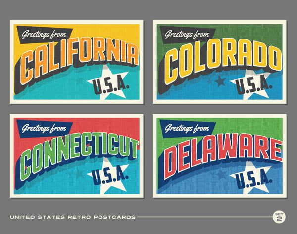 کارت پستالهای چاپی پرنعمت ایالات متحده با کالیفرنیا کلرادو کانکتیکات دلاور