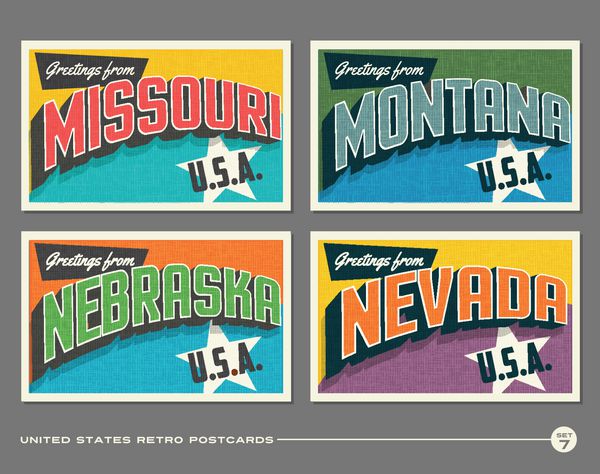 کارت پستال های چاپی پرنعمت ایالات متحده با میسوری مونتانا نبراسکا نوادا