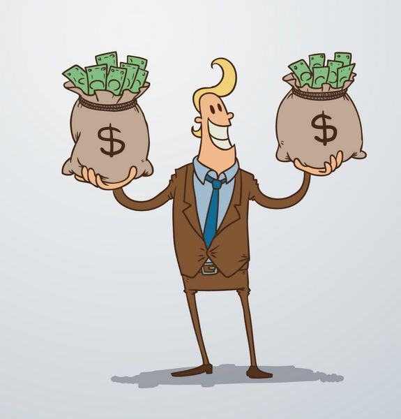 مرد وکتور با دو کیسه پول تصویر کارتونی از یک مرد بلوند در یک کت و شلوار قهوه ای که در هر دست یک کیسه پول را در یک زمینه سبک نگه می دارد