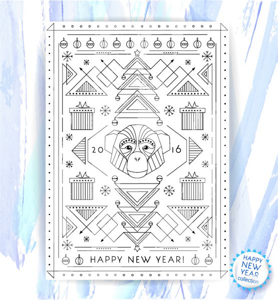 کارت پستال انتزاعی هندسی با سر میمون تبریک سال نو هنر خط زمینه مدرن
