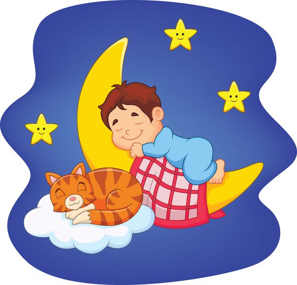 پسر کوچولوی ناز با گربه که روی ماه می خوابد
