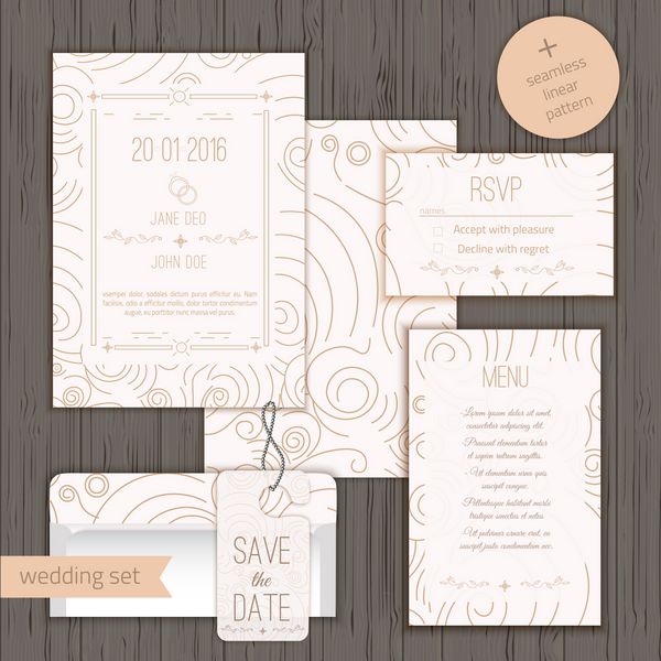 مجموعه طراحی کارت دعوت عروسی خطی مدرن شامل کارت دعوت ذخیره تاریخ کارت RSVP کارت منو و چوب لباسی درب