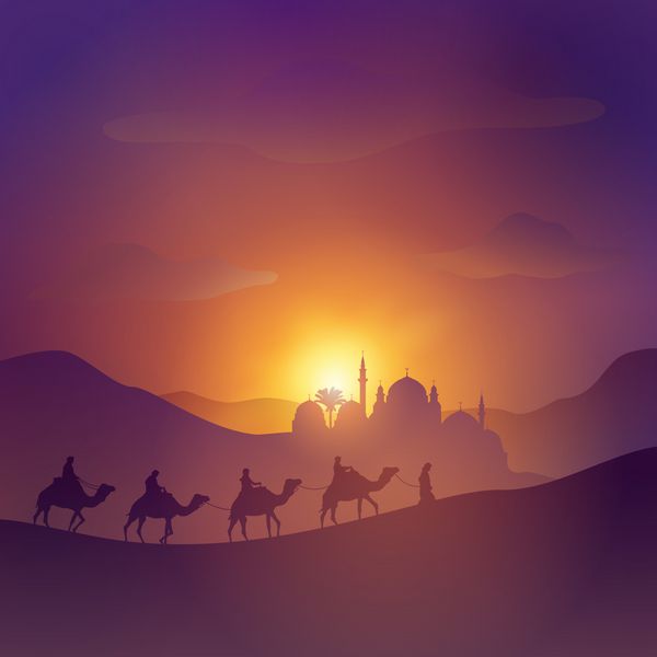 تصویربرداری منظره عربی کویری با مسجد عربی و شتر برای پس زمینه بنر اسلامی