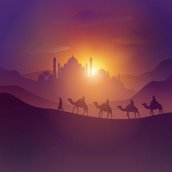 تصویربرداری منظره عربی کویری با مسجد عربی و شتر برای پس زمینه بنر اسلامی عید مبارک
