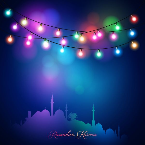 چراغ های رنگارنگ و زمینه تبریک جشن اسلامی مسجد رمضان کریم