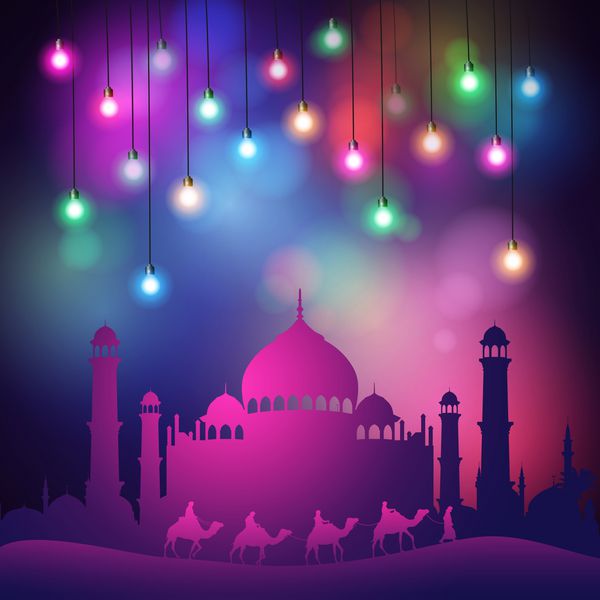 پس زمینه اسلامی طراحی چراغ های رنگارنگ مسجد و مسافر عربی
