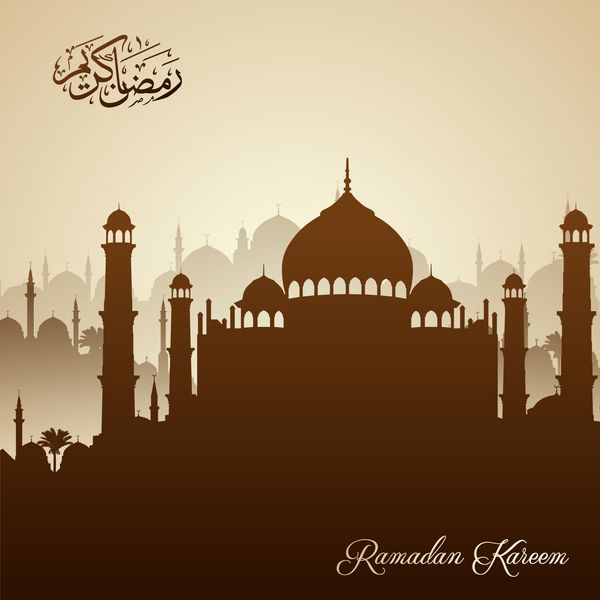 زمینه تبریک زیبای اسلامی با شبح مسجدی و خوشنویسی عربی رمضان کریم