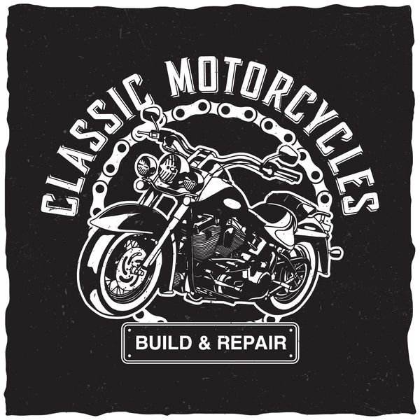 طراحی موتورسیکلت کلاسیک طراحی و تعمیر برچسب با موتور سیکلت کشیده شده برای پوستر تی شرت کارت تبریک و غیره