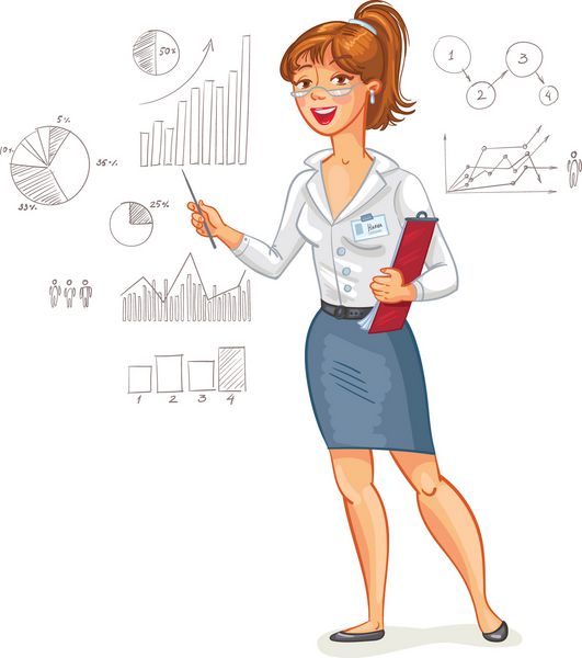 زن تجاری با نمودار در تخته سیاه ایستاده است شخصیت کارتونی خنده دار تصویر برداری جدا شده بر روی زمینه سفید