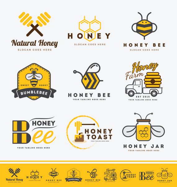 مجموعه ای از آرم های زنبور عسل و برچسب های محصولات عسل نمادهای آرم زنبور و عسل چکیده تصویر برداری